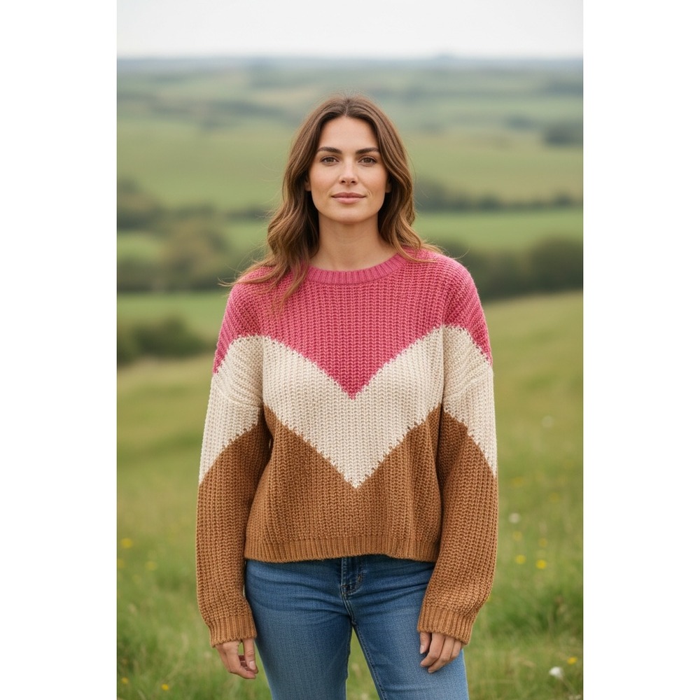 Harper Heritage Chevron Colorblock Knit Sweater Pink White Brown Size L